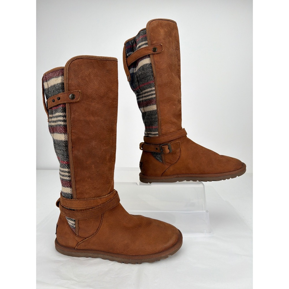 UGG Australia High Boots Women 8 Brown Plaid Leather Wool Buckle Cabin Western